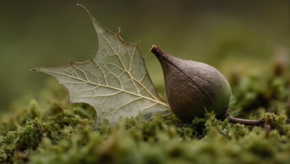Delicate seed pod beside a translucent leaf resting on moss