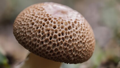 Close-up view of a brown mushroom with a unique, porous underside