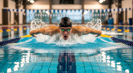 Dynamic swimmer executes powerful butterfly stroke through splashing water in competitive pool