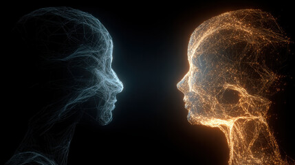 Ethereal wireframe faces human in loop glowing lines digital art neural network futuristic portrait light trails abstract