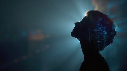 Human silhouette profile AI concept digital interface blue light cyber network data overlay future technology innovation