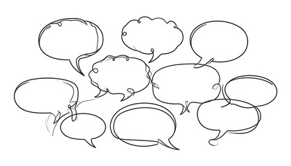 Collection of stylized speech bubbles in a minimalist, line art style, arranged on a blank white background