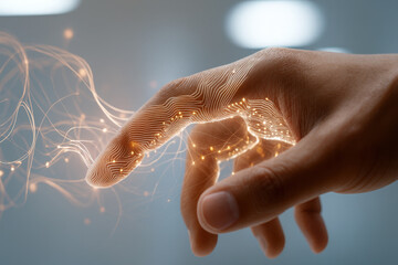 Human hand touch with glowing circuit light, cyber interface, finger gesture, biometric pattern, in loop synergy, future tech connection
