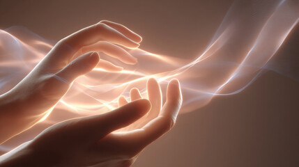 Hands light glow ethereal soft abstract human loop Calm hands cradle flowing light loop, gentle glow and ethereal motion convey care and connection