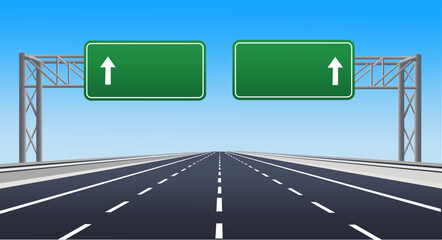 Road highway signs with green boards on signs road. Vector illustration