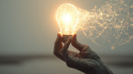 Human hand holding glowing light bulb with network, innovation concept in loop, creative idea and warm bokeh background, futuristic energy vibe