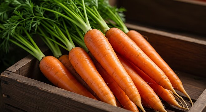 Fresh carrots with green tops displayed in a wooden crate closeup