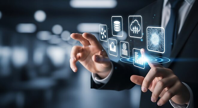 A businessman interacting with digital icons representing cloud computing and data management tools - Powered by Adobe