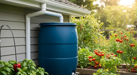 Blue rain barrel collecting water next to a home with a lush garden