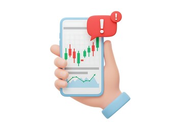 Mobile Stock Trading Alert with Candlestick Chart and Cartoon Hand Holding Phone Indicating Important Financial News