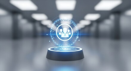 Holographic display of a team icon on a pedestal in a futuristic looking hallway or room space