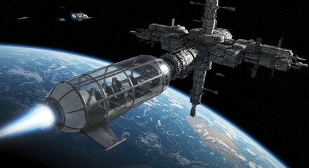 Obraz premium Space station with spacecraft docked near a planet in deep space futuristic scene