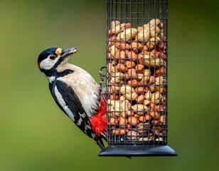 Great spotted woodpecker at peanut feeder