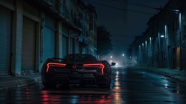 A modern sports car parked on a wet, city street at night. The car's rear lights are illuminated, and the street is lined with streetlights and other cars, creating a moody, urban atmosphere.