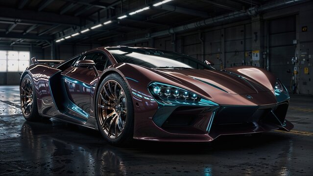 A futuristic sports car with a metallic finish, featuring sharp, angular lines and a low profile. The car is positioned in a dimly lit, industrial-like setting with visible reflections on its surface.