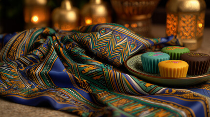kuih. Traditional batik scarf with intricate patterns draped over colorful kuih desserts, celebrating Malaysia Day. event programs.