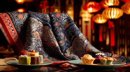 kuih. Traditional batik scarf with intricate patterns draped over colorful kuih desserts, celebrating Malaysia Day. event programs.