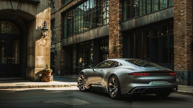 A silver sports car parked on a street with a brick building in the background.