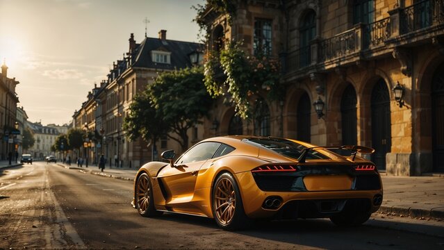 A yellow sports car driving down a street lined with ornate buildings, with a warm, golden hour sunlight casting a glow over the scene.