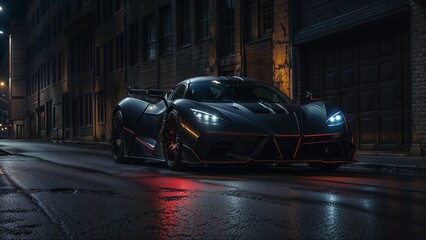 A modern sports car parked on a wet, reflective city street at night. The car's design features sharp lines and aggressive styling, with prominent headlights and a glossy black finish