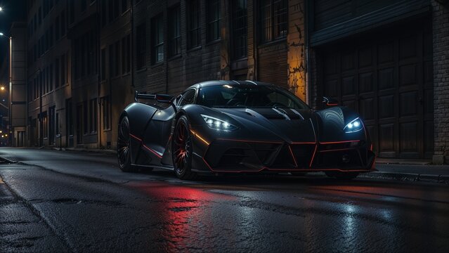 A modern sports car parked on a wet, reflective city street at night. The car's design features sharp lines and aggressive styling, with prominent headlights and a glossy black finish