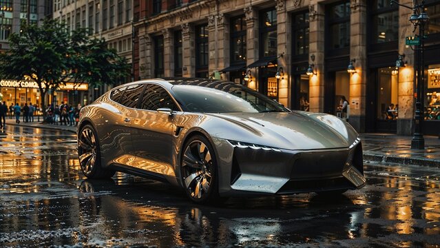 A futuristic, sleek, and low-slung car with a minimalistic design, situated on a wet city street with blurred background elements, suggesting motion or rain.