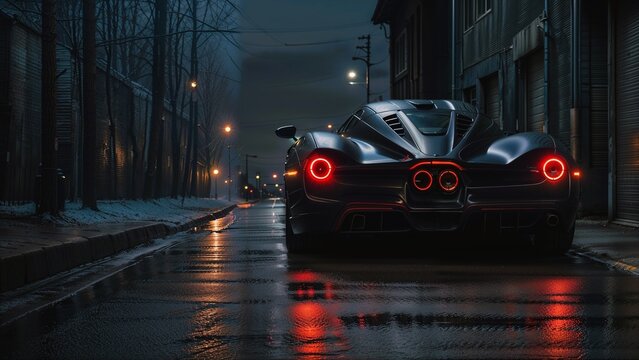 A black sports car parked on a wet, urban street under a cloudy sky. The car's vibrant taillights are illuminated, and there are reflections on the wet road surface.