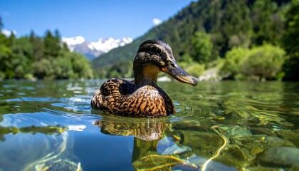 A duck on a serene mountain lake