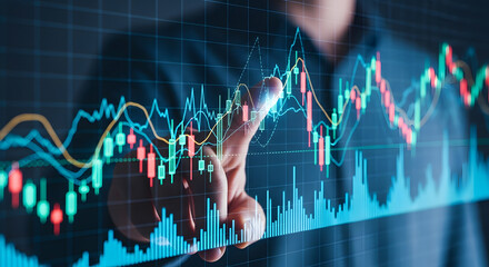 Analyzing Investments  A Trader's Hand Points to Stock Market Data & Financial Charts with Candlestick Patterns & Price Trends on a Digital Screen