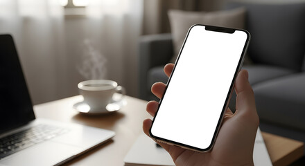 Close up of a hand holding a contemporary smartphone with a blank white screen for mockup. A cozy home office or living room with a laptop and coffee is visible