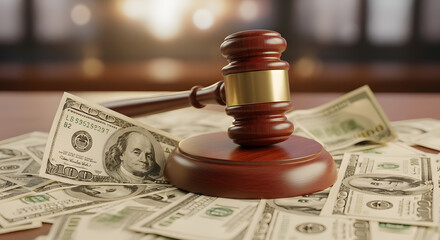 Justice and finance A gavel rests on a pile of US dollar bills, symbolizing the intersection of law and money in legal proceedings and financial disputes, illustrating fair financial judgments