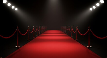 Red carpet leading to stage illuminated by spotlights