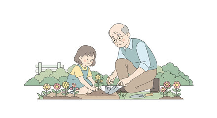 A kind grandfather and his young granddaughter plant colorful flowers together in the garden.