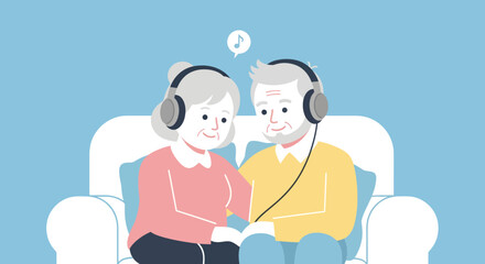 A loving elderly couple sits closely on a sofa, sharing music and a tender moment with headphones.