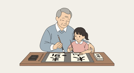 An elderly grandfather lovingly teaches his young granddaughter the art of traditional Asian calligraphy at a desk.