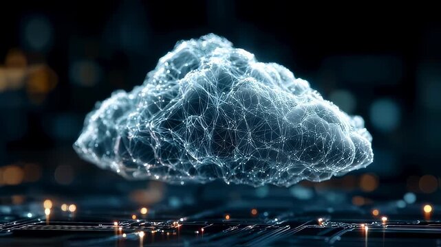 Futuristic glowing cloud icon on digital circuit board background, symbolizing modern cloud computing technology
