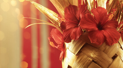 ketupat. Vibrant hibiscus flowers around traditional ketupat weave, warm sunlight and festive mood. event programs, museum guides, designed for cultural heritage projects and event programs.