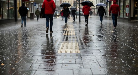 People walking in the rain on a wet street with umbrellas