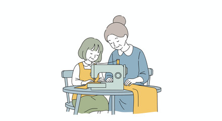An elderly woman and a young girl are happily sewing together at a sewing machine, sharing a moment of learning and connection.