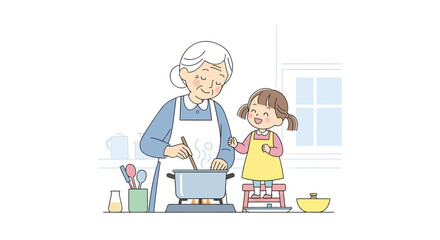 Illustration of a grandmother cooking with her granddaughter in a bright, clean kitchen setting.