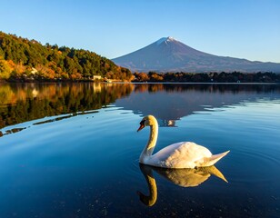 Swan on lake with mountain