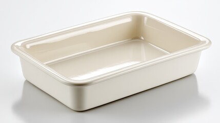 A simple, rectangular cream-colored ceramic baking dish rests on a reflective white surface.