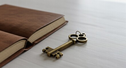 Antique Brass Key Resting Beside An Open Vintage Leather Book.