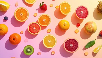 Colorful Citrus Fruit Array on Pink Background with Hard Shadow Overhead Lighting