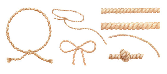 Rope with knot, lasso and ribbon watercolour isolated illustration, texture drawings set