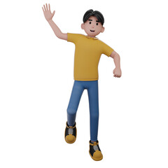 Animated Man Raising Hand Wearing Yellow T Shirt and Blue Jeans Isolated on Transparent Background