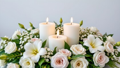 Elegant White Floral Arrangement with Candles and Greenery