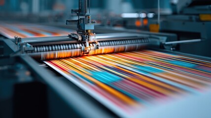 Printing Offset Minimal concept. High-speed printing press in action with vibrant colors.