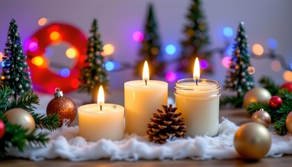 Festive Holiday Candle Arrangement with Christmas Decorations