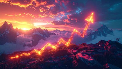 A fiery arrow graph ascends mountain peaks at sunset